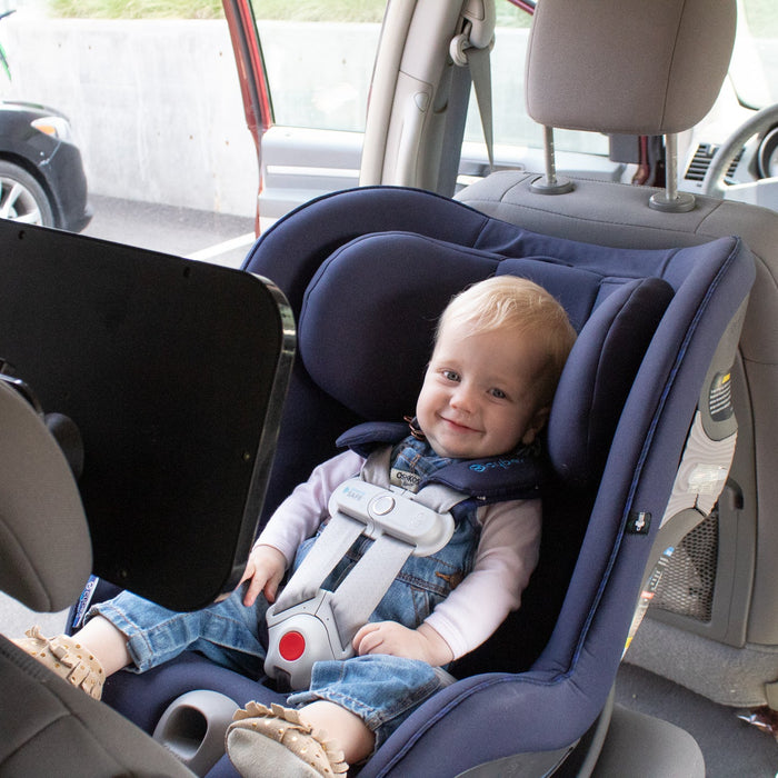 a toddler in a car seat during a road trip