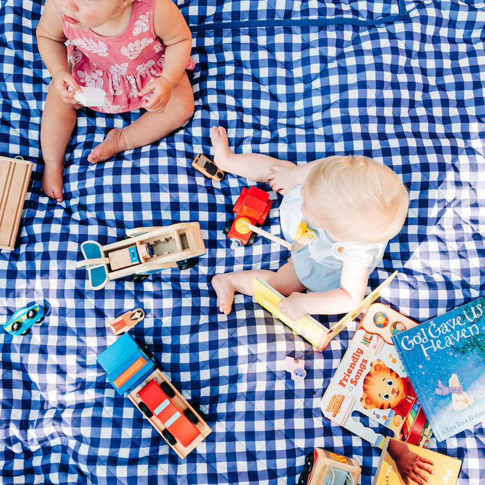 two 9 month olds playing on a blanket with toys 