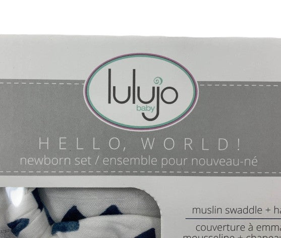 Lulujo Hello World Newborn Hat and Swaddle Blanket Set, Navy Triangles