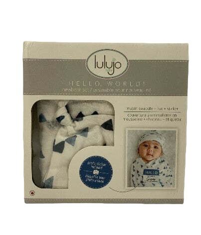 Lulujo Hello World Newborn Hat and Swaddle Blanket Set, Navy Triangles