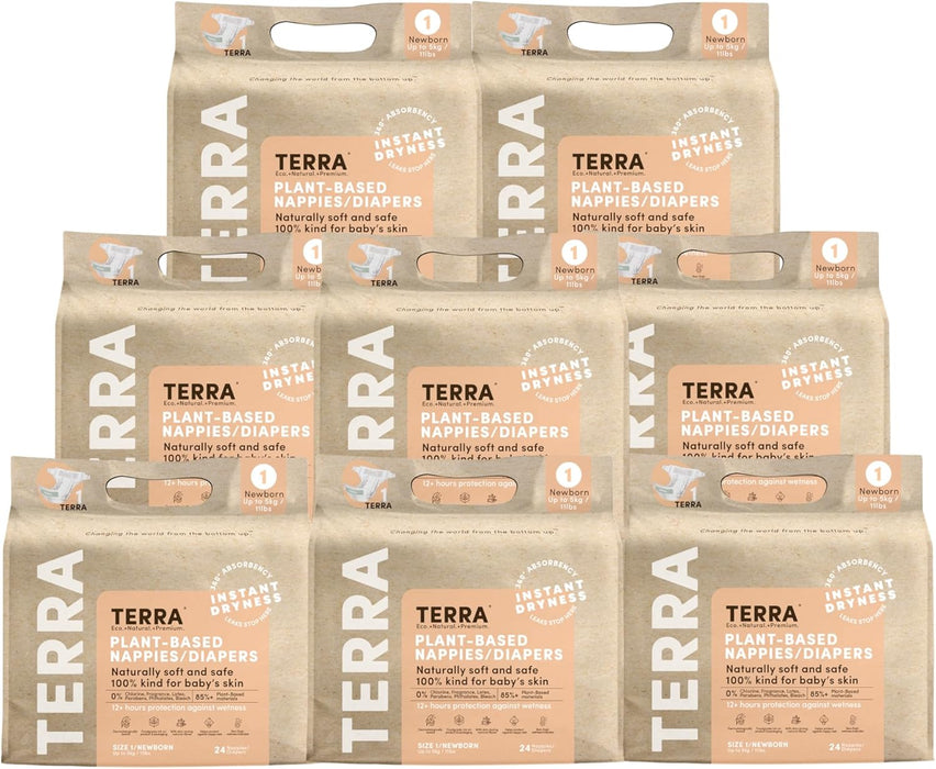 Terra Plant Based Nappies/Diapers, 8 Pack (192 Count), 1 Newborn