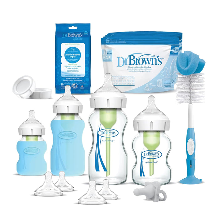 Dr. Brown's Natural Flow Anti-Colic Options+ Wide-Neck Glass Baby Bottle & HappyPaci Starter Set, Blue