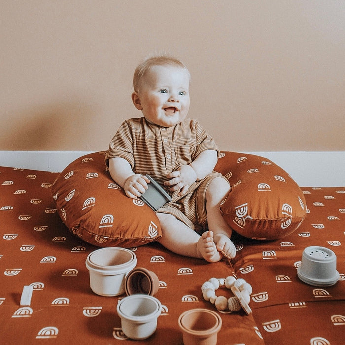 Toki Mats Padded Play Mat Cover, Rainbow Stamp in Rust Cover