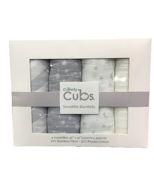 Comfy Cubs Baby Muslin Swaddle Blankets 4 Pack, Grey