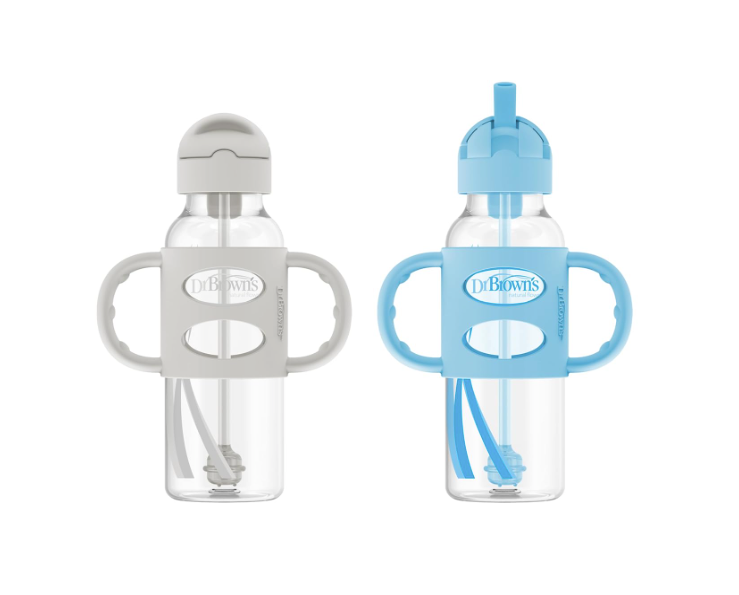 Dr. Brown's Milestones Sippy Spout Bottle with Silicone Handles, 2 Pack, Narrow-Neck, Gray/Blue, 8 oz/250 ml