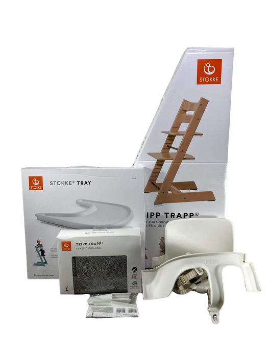 used Stokke Tripp Trapp Complete High Chair, Natural, Dots Grey, White Baby Set