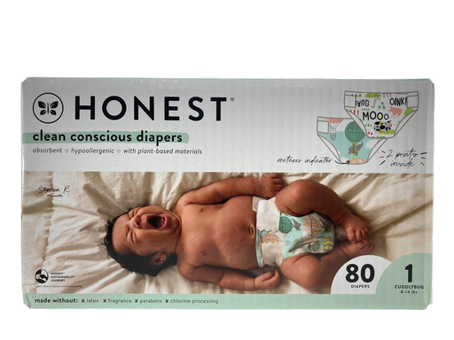 used Honest Company Club Box Diapers, Size 1, 80 Count, Above It All + Barnyard Babies