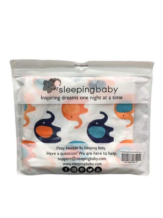 used Sleeping Baby Zippy Swaddle, M/L Blue & Orange Elephants