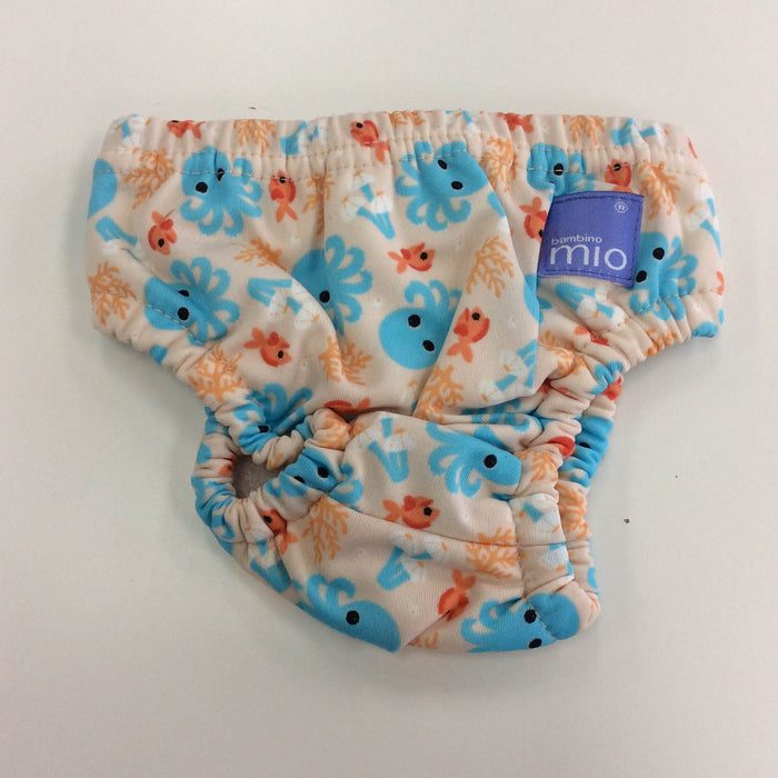 secondhand Bambino Mio Swim Nappy, Coral with blue octopus print- size 6-12m/16-21lbs