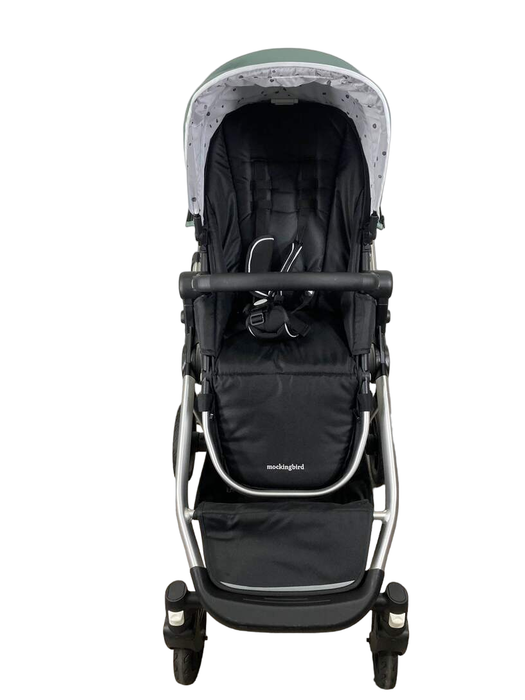 secondhand Mockingbird Single to Double Stroller, 2022, Silver with Black Leather, Watercolor Drops, Sage