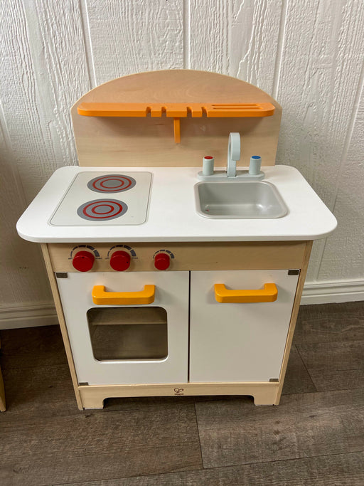 secondhand Hape Wooden Play Gourmet Kitchen w/ Oven, Stovetop, Sink + Cabinet Style Fridge