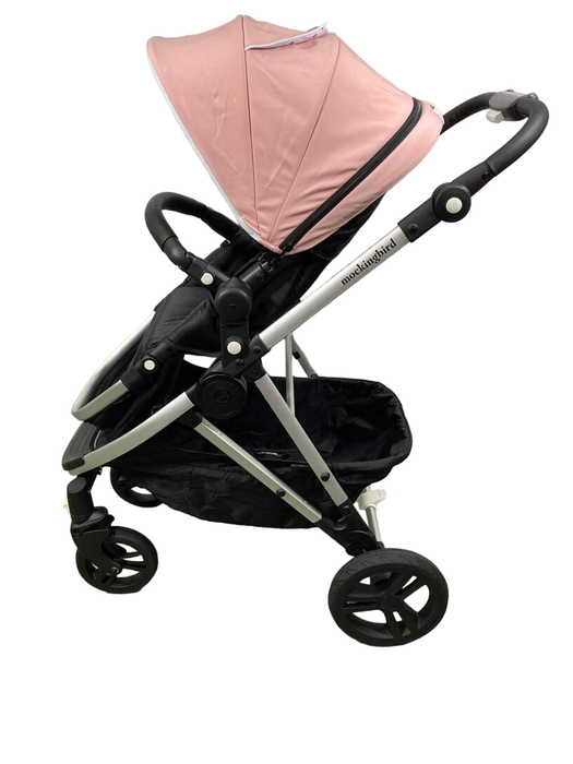 secondhand Mockingbird Single to Double Stroller, Watercolor Drops, Bloom, Silver with Black Leather, 2023