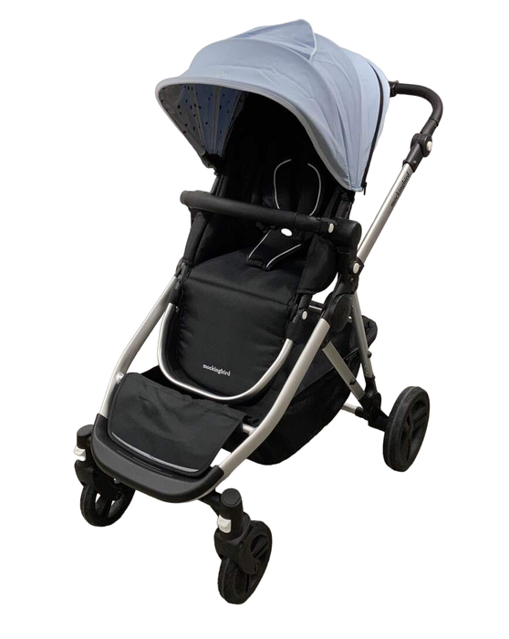 used Mockingbird Single to Double Stroller, Watercolor Drops, Sky, Matte Black with Matte Black Leather, 2022