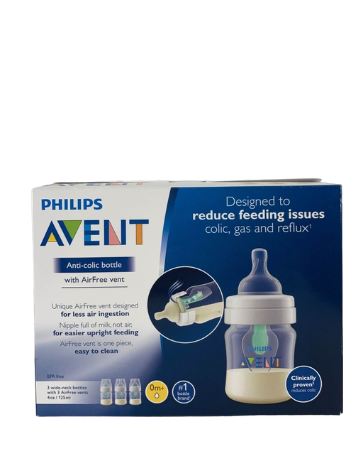 used Philips Avent Anti-Colic Bottles With AirFree Vent, 4oz, 3-Pack, Clear