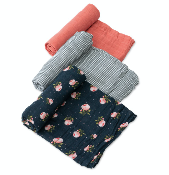 Little Unicorn Cotton Muslin Swaddles 3 Pack, Midnight Rose