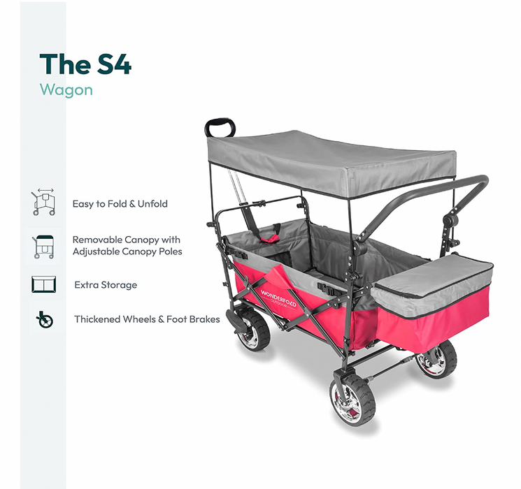 Wonderfold S4 Push & Pull Premium Utility Folding Wagon with Canopy, Red, CP Model