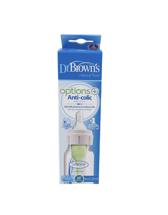 Dr. Brown's Options+ Anti-Colic Narrow Bottle, Clear, 4 oz/120 ml, Level 1 Nipple (0 months+)