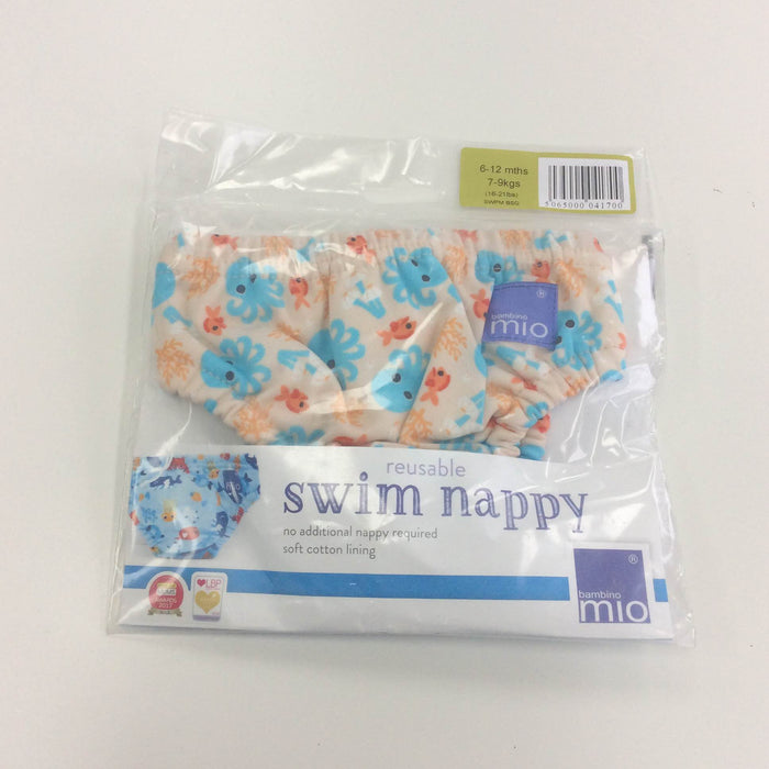 used Bambino Mio Swim Nappy, Coral with blue octopus print- size 6-12m/16-21lbs