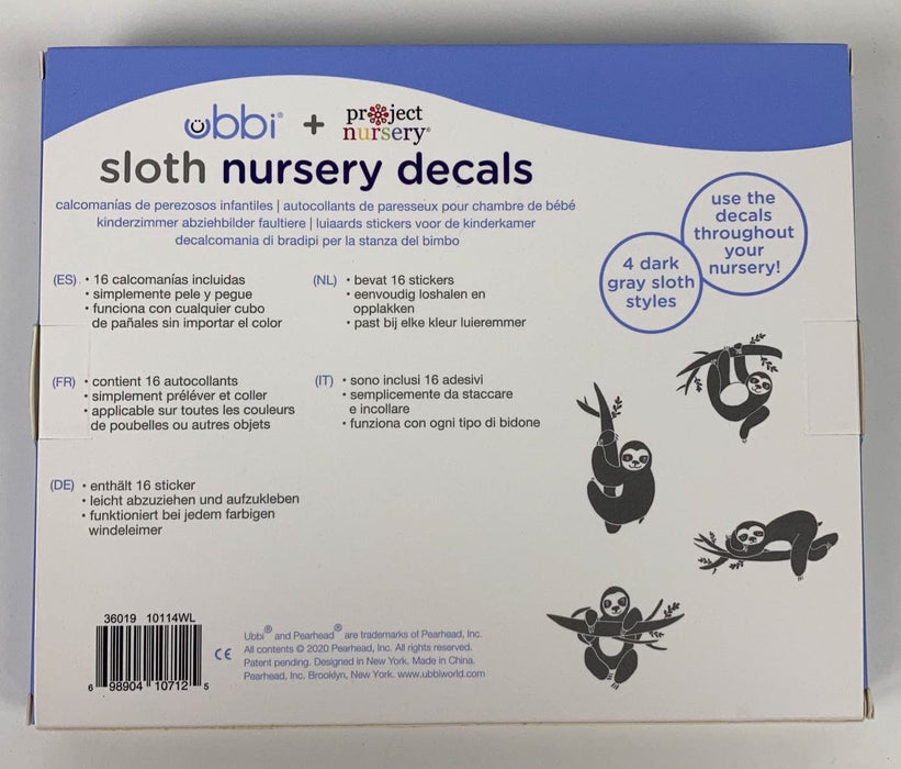 secondhand Ubbi Diaper Pail Decals, sloth