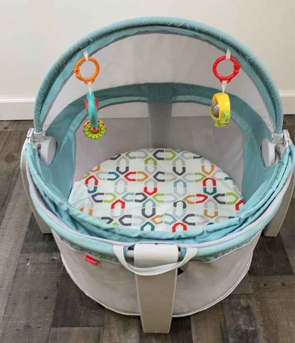 used Fisher Price On-the-Go Baby Dome, Teal with multicolored shapes