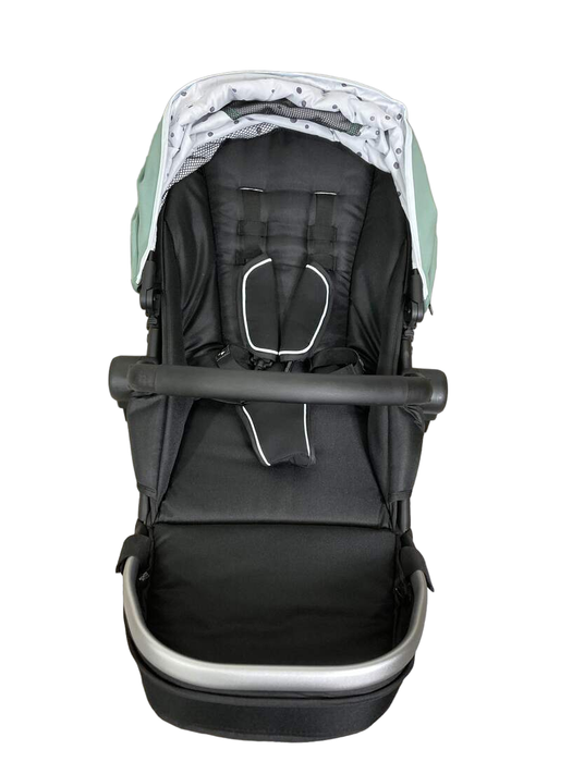 used Mockingbird 2nd Seat Kit with Extendable Canopy, Sage, Watercolor Drops, Silver with Black Leather