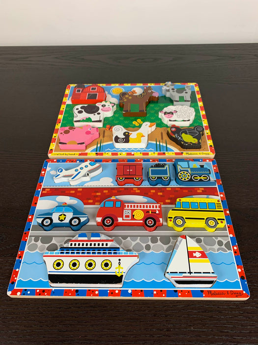 secondhand BUNDLE Melissa & Doug Wooden Puzzles, Plains trains and automobiles and farm animals 