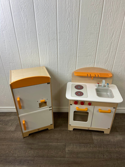 used Hape Wooden Play Gourmet Kitchen w/ Oven, Stovetop, Sink + Cabinet Style Fridge