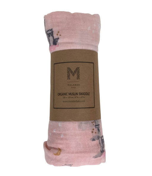 used Malabar Baby Organic Cotton Muslin Swaddle, Pink Castle