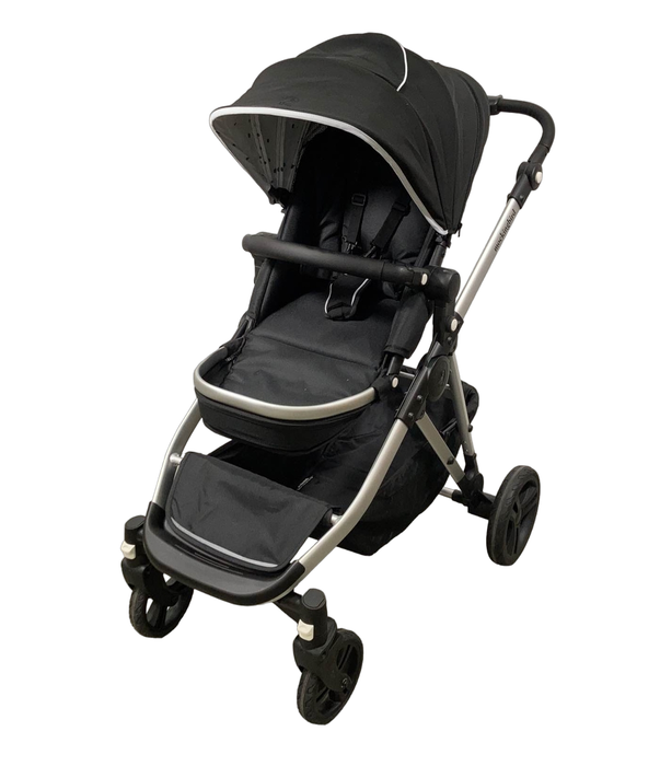 secondhand Mockingbird Single to Double Stroller, 2023, Watercolor Drops, Silver with Black Leather, Black