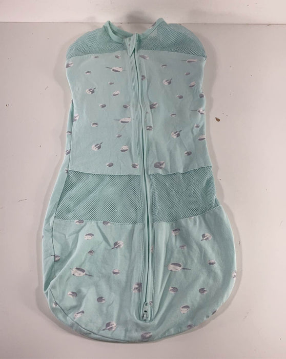 used Happiest Baby Sleepea Swaddle, Medium, Teal Planets