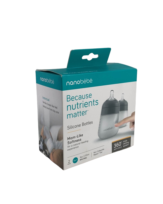 Nanobébé Flexy Silicone Baby Bottles, 9oz, 2-Pack, Grey