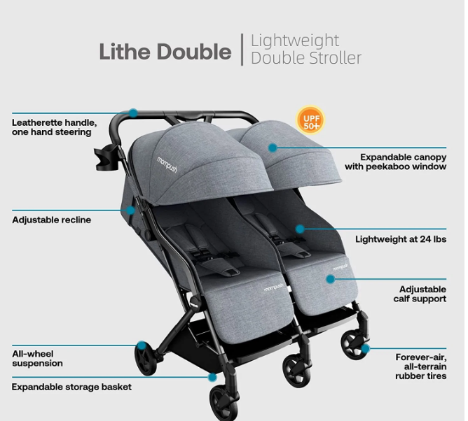 Mompush Lithe Double Stroller, 2022, Grey